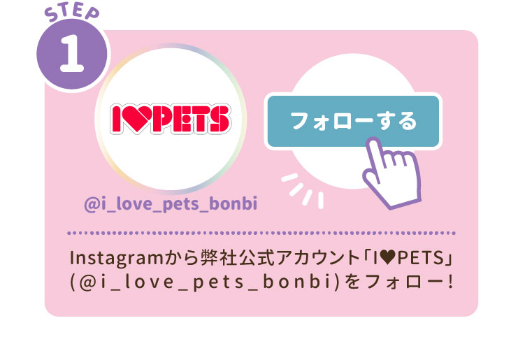 STEP1：Instagramから弊社公式アカウント「I♥PETS」(@i_love_pets_bonbi)をフォローする。すでにフォローされている方はSTEP2へ。