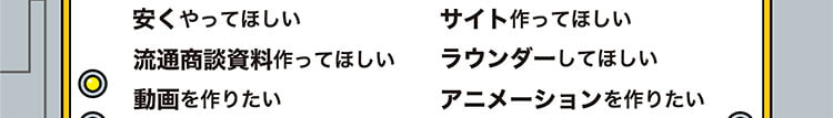 サイト作ってほしい、流通商談資料作ってほしい、ラウンダーしてほしい、動画を作りたい、アニメーションを作りたい、etc...